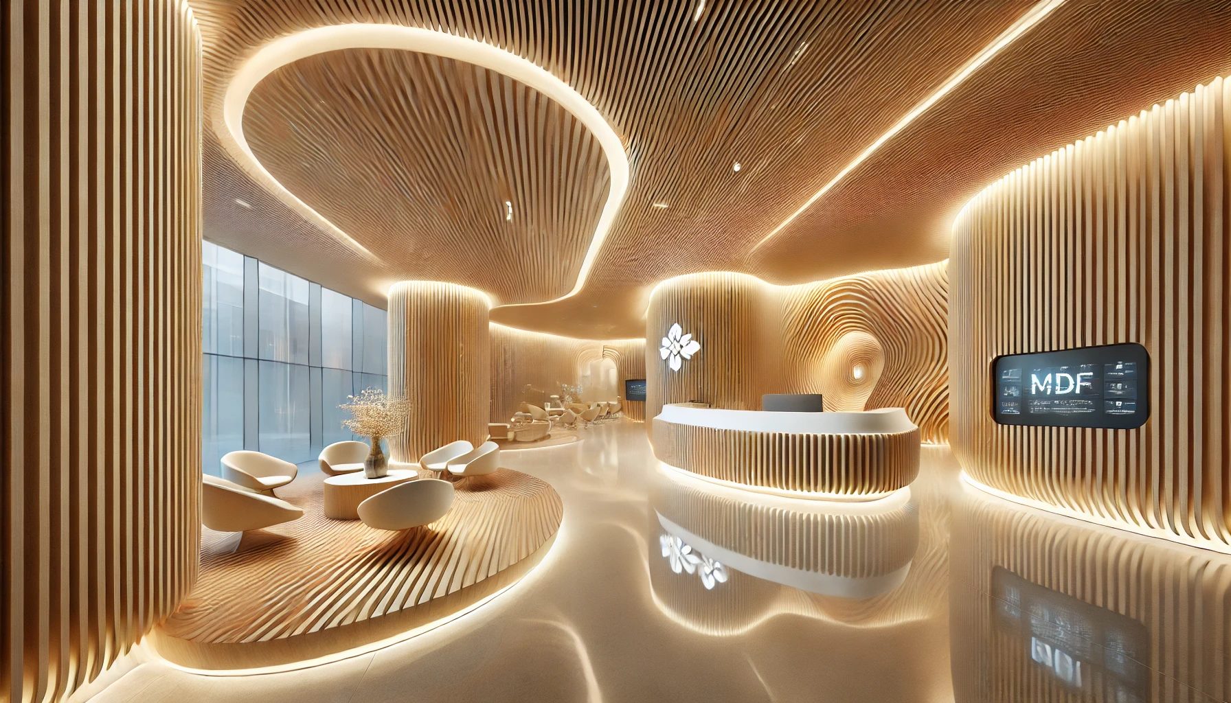 Museum lobby wrapped in flowing timber fins like the walls of a cave