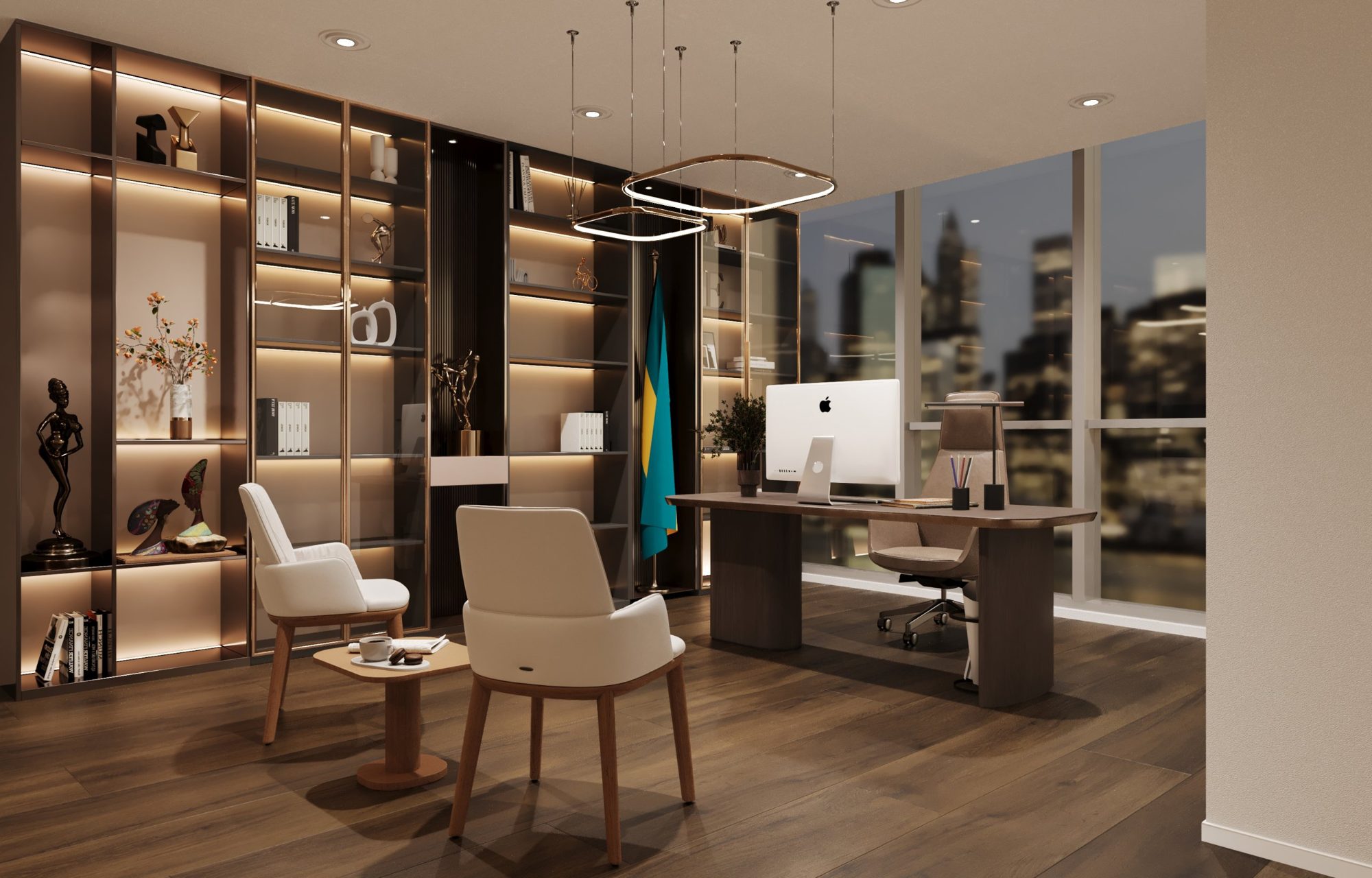 Embassy office with timber shelving and the Bahamas flag