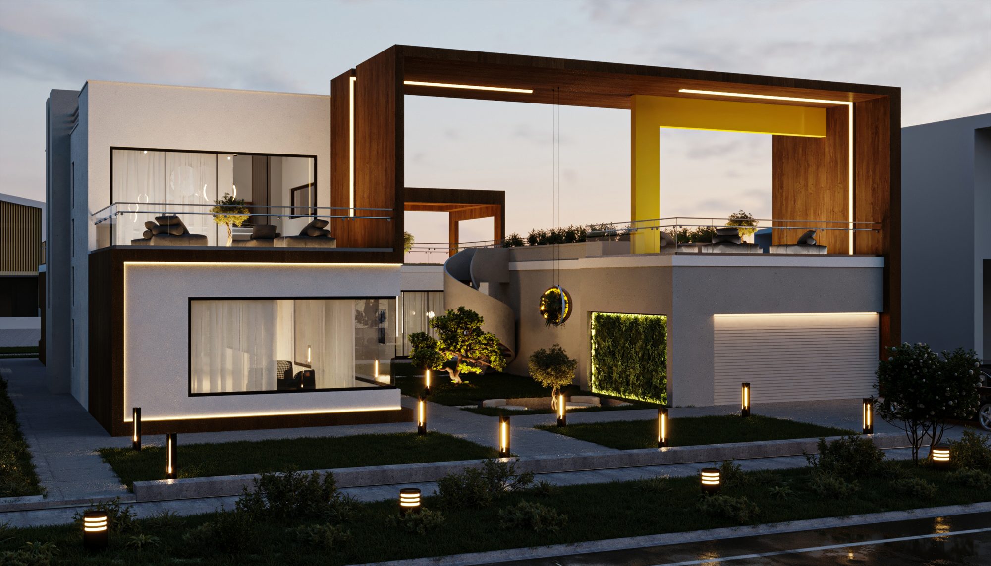 Kheimah Villa at dusk with its elevated timber frame