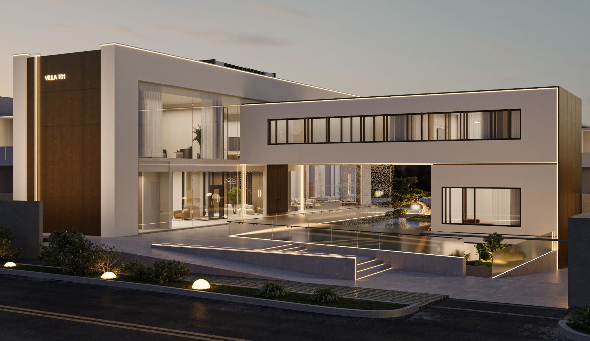 Sunken Heaven Villa at sunset, the whole house lit along its edges