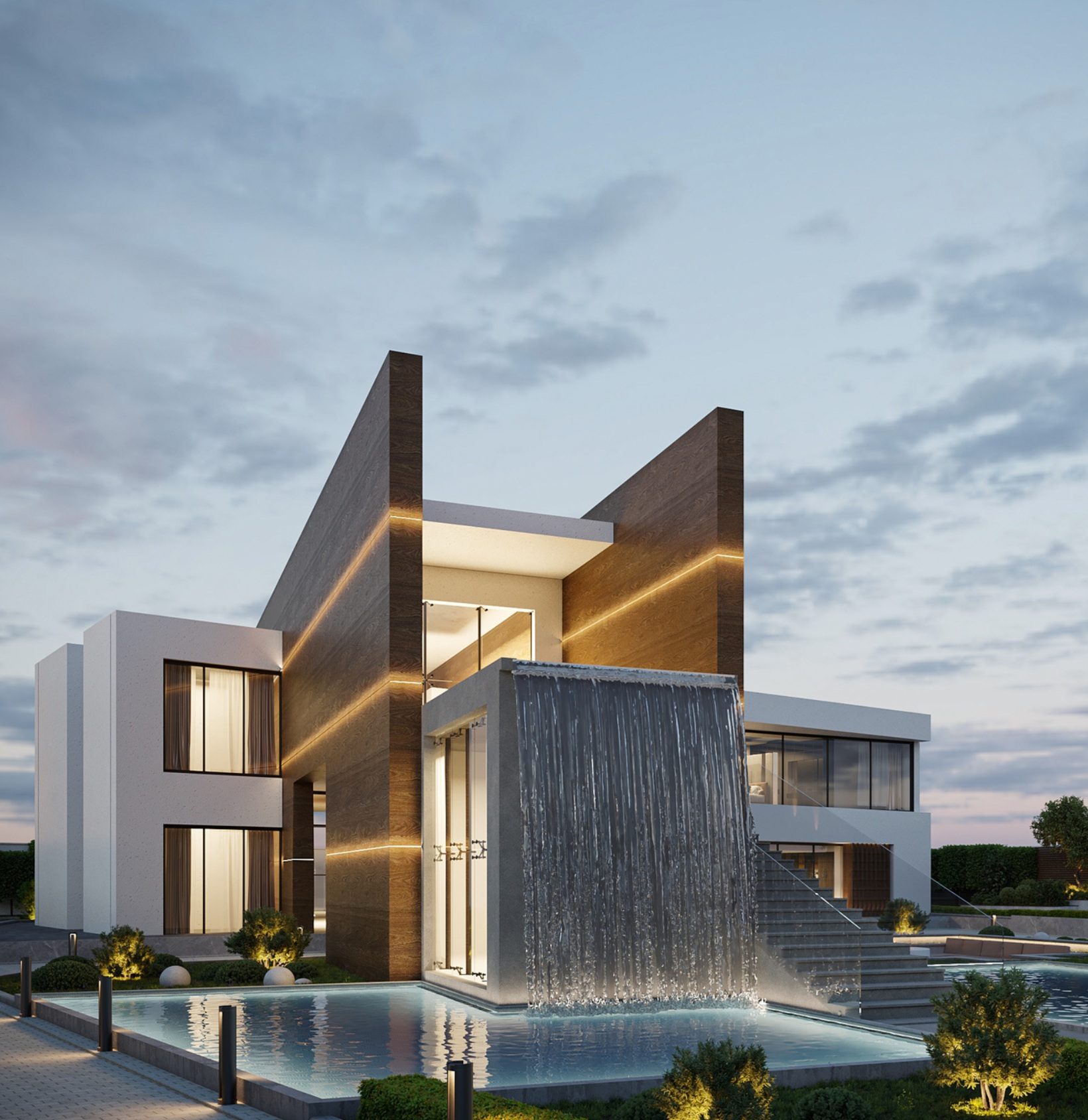 Villa F01 with blade-like timber walls and a water wall
